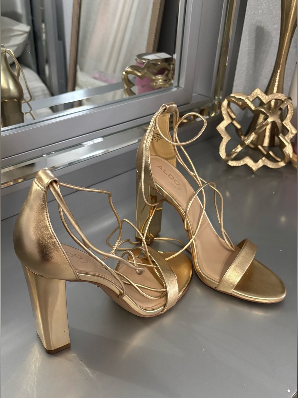 ALDO Metallic Gold Lace-Up Block Heel Sandals